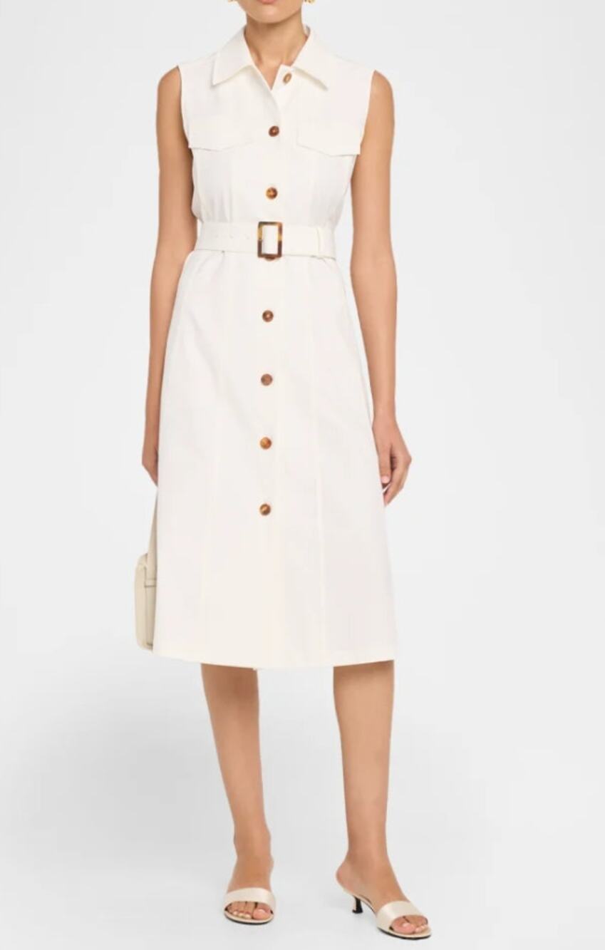 Lafayette 148 Stretch Twill Belted Shirtdress Sea Salt White Midi Women's XS